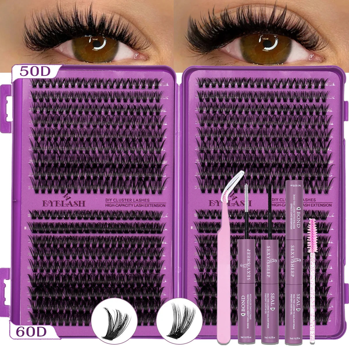 A purple DIY eyelash cluster kit with brushes and lashes shown on a model's eye.