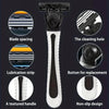 A manual razor featuring a blade spacing, lubrication strip, textured handle, cleaning hole, replacement button, and non-slip