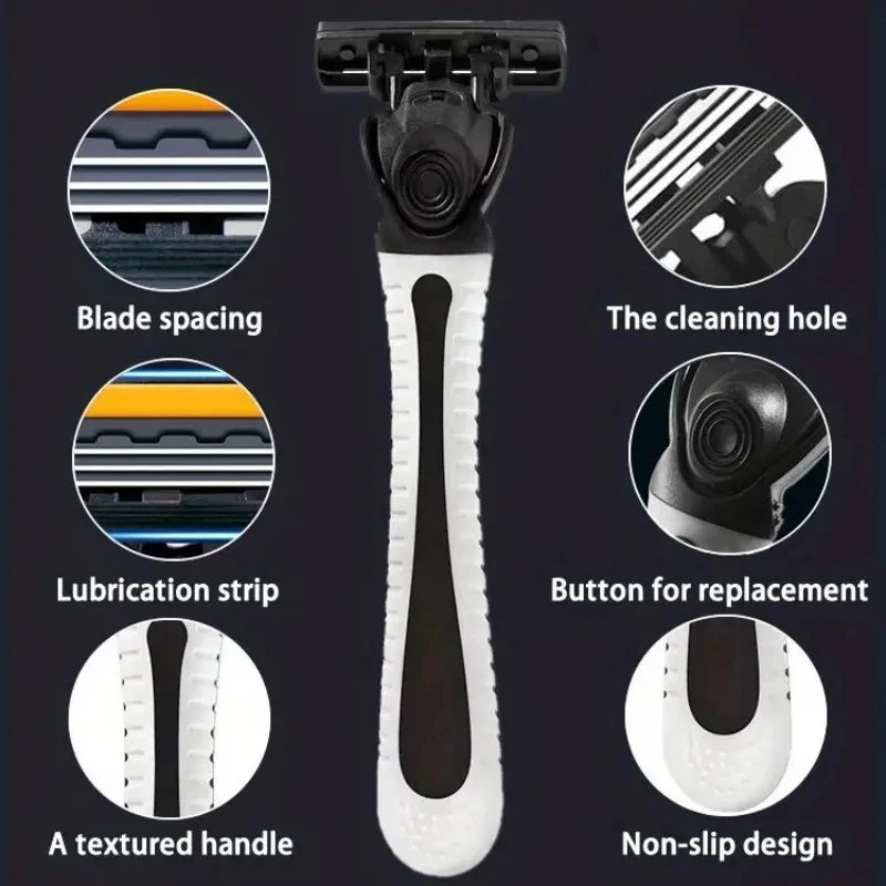 A manual razor featuring a blade spacing, lubrication strip, textured handle, cleaning hole, replacement button, and non-slip