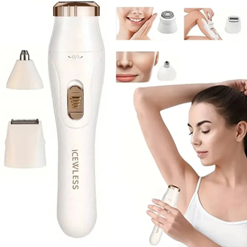 A white multi-functional hair and eyebrow trimmer is shown with various attachments and in use on a woman's face.