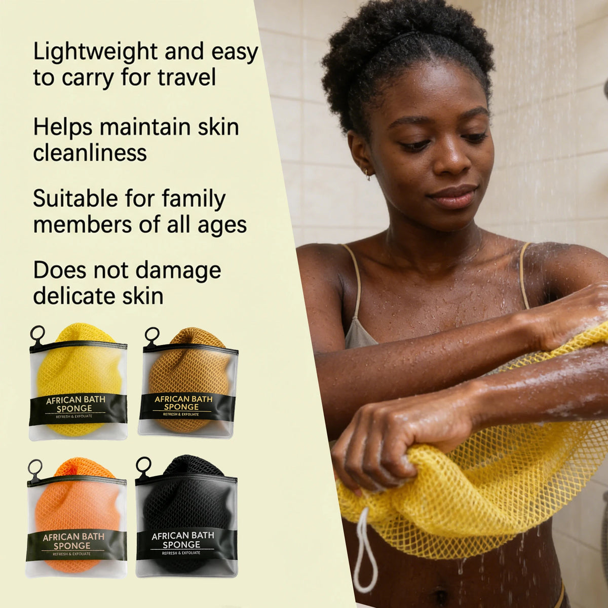Yellow exfoliating sponge for bath and body use shown being used on a person.
