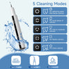 A white ultrasonic dental cleaner device is shown with five cleaning modes for various levels of dental calculus.
