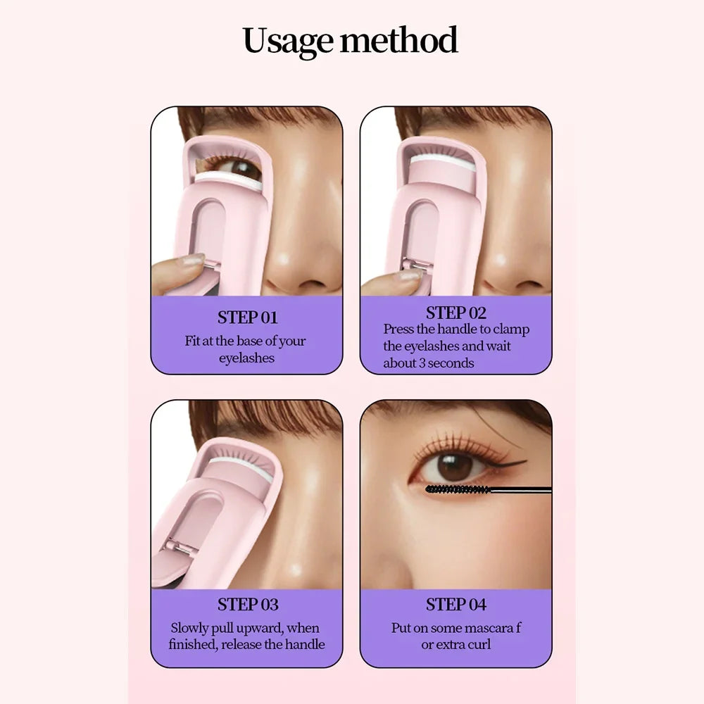 Step-by-step guide showing how to use a pink heated eyelash curler for natural definition.