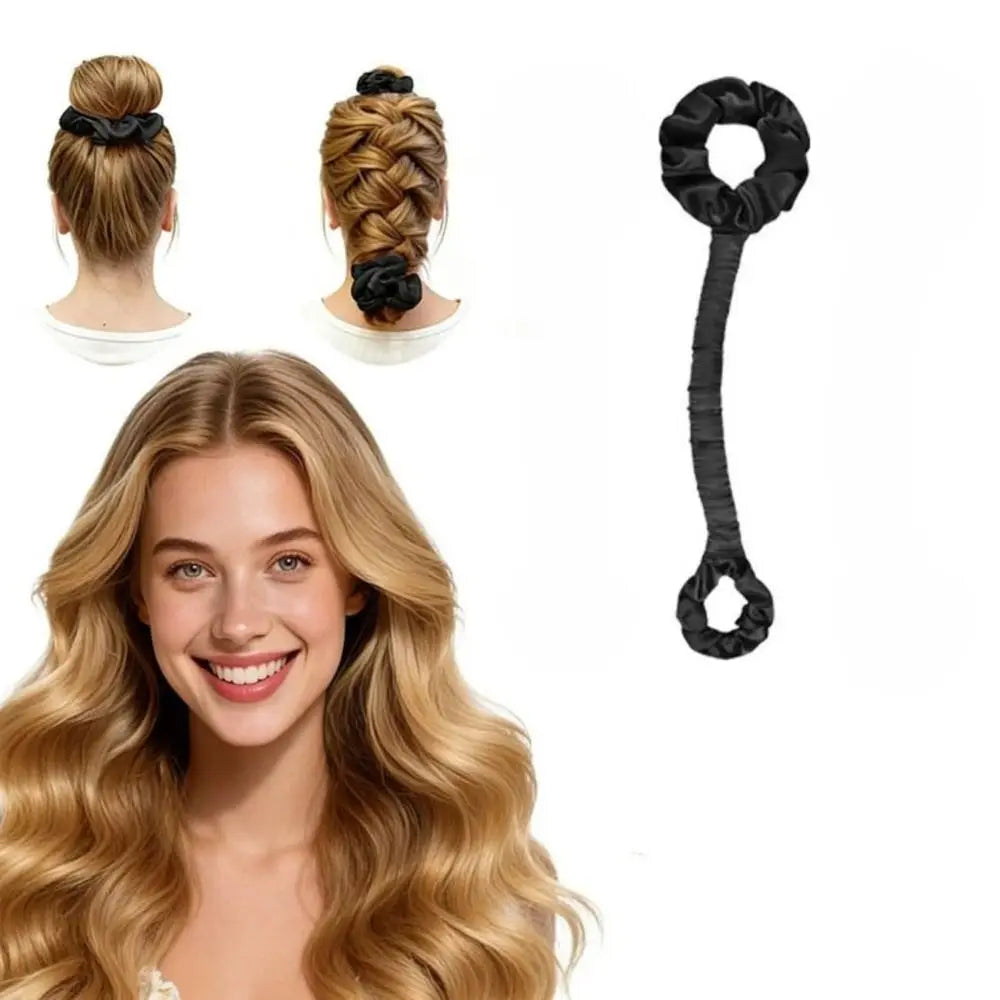 A woman shows off long blonde hair styled in various heatless rollers, including a top knot and a looped roller.