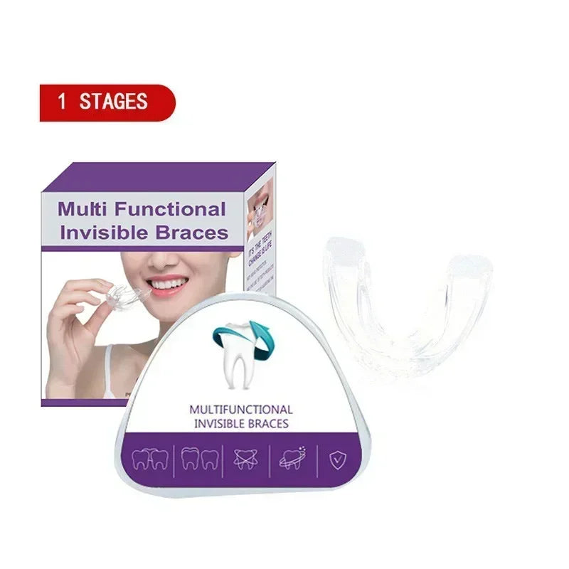 A package showing a set of multifunctional invisible braces for dental alignment training.