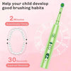 A green electric toothbrush with a cartoon design is shown next to a clock face illustrating brushing timing.