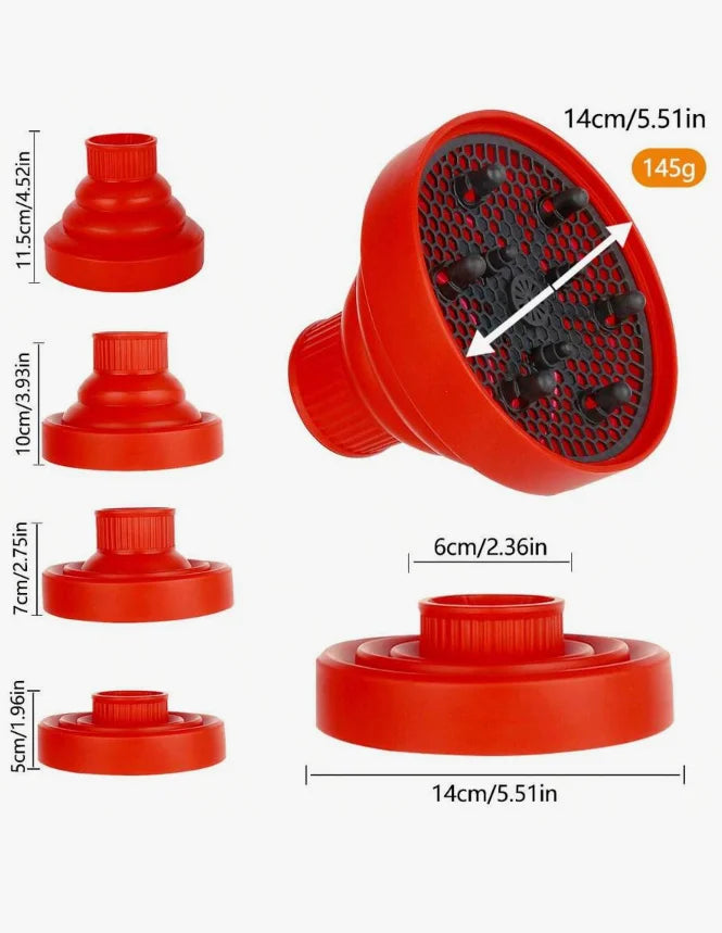 Red silicone diffuser cover for hair dryers shown in various sizes and angles.