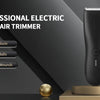 A black professional electric body hair trimmer is displayed on a wooden stand with features listed.