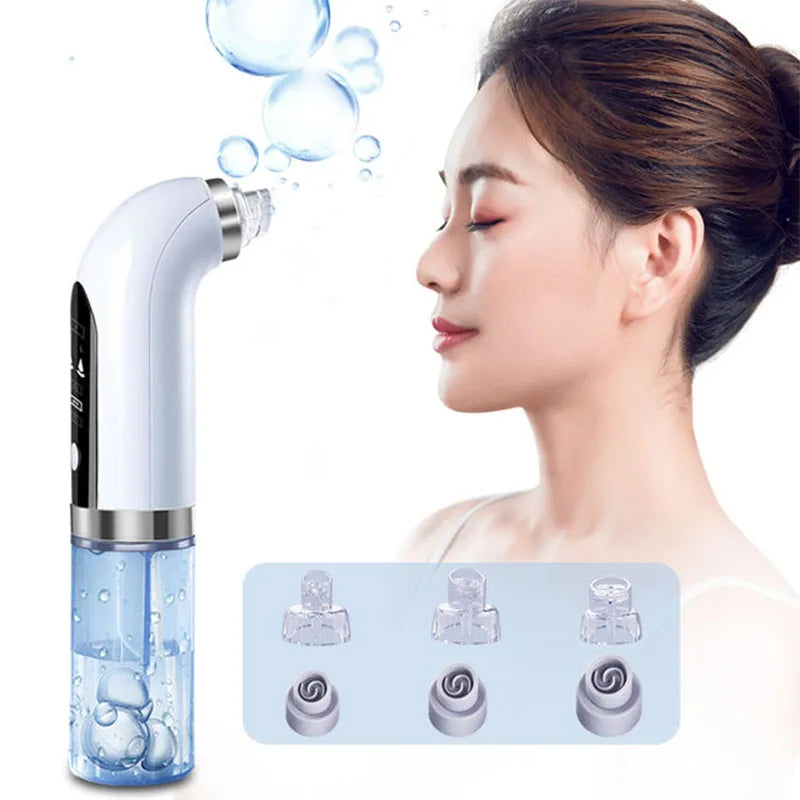 A woman is using a white micro bubble pore vacuum cleaner with various silicone tips to cleanse her skin.