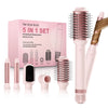 Rosa 5-in-1 Set aus abnehmbaren Haarbürsten, gezeigt neben der Verpackung.