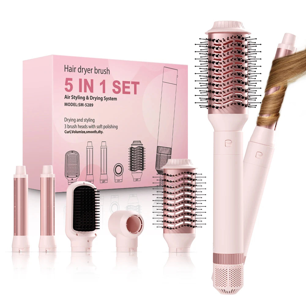 Rosa 5-in-1 Set aus abnehmbaren Haarbürsten, gezeigt neben der Verpackung.