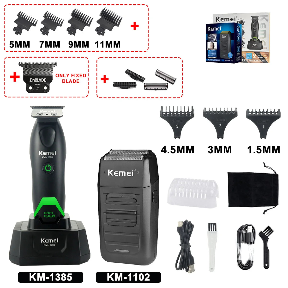 Kemel KM-1385 and KM-1102 electric hair trimmers with various blade attachments
