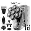 A black electric shaver and trimmer set with various attachments shown next to its packaging box.
