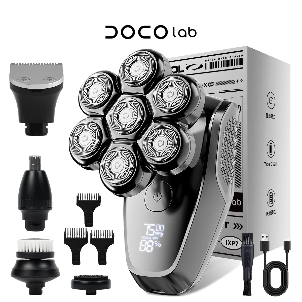 A black electric shaver and trimmer set with various attachments shown next to its packaging box.
