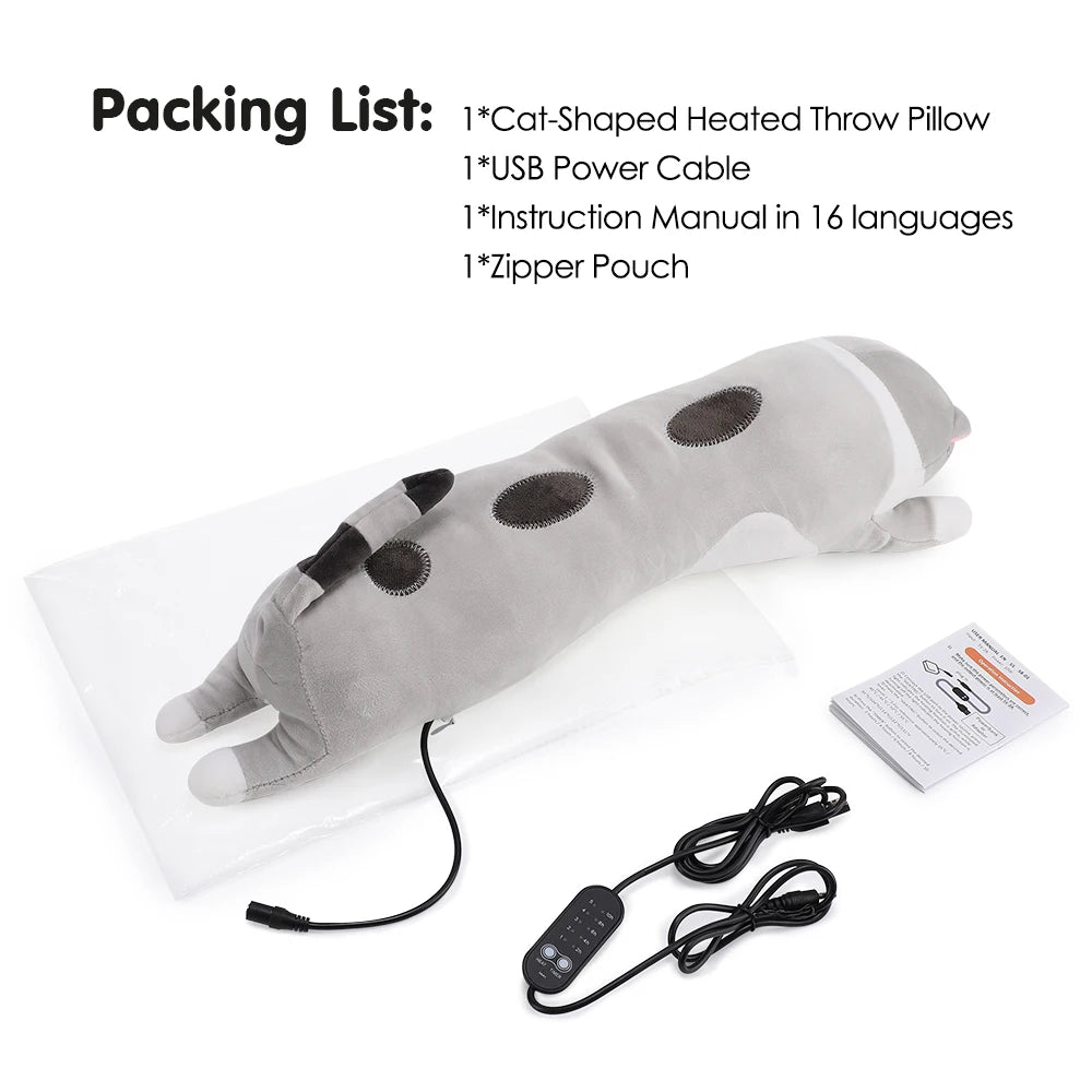A gray cat-shaped heated throw pillow is shown next to its USB power cable and zipper pouch.