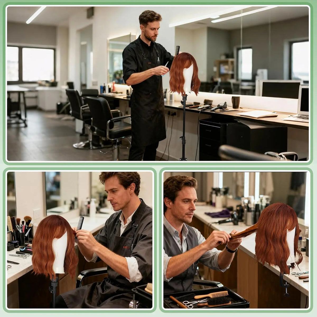 Un coiffeur masculin coiffe une perruque brun-rouge sur la tête d'un client.