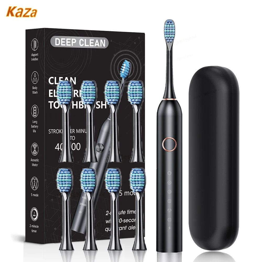 A black professional sonic electric toothbrush with a blue head and charging base is shown on a white background.