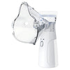 A clear, handheld medical nebulizer device with a white base and mouthpiece is shown from the side.