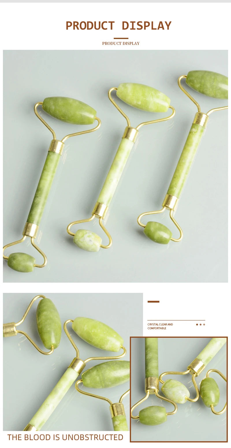 Jade gua sha facial massager tool with a light green stone and gold handle displayed on a light background.