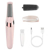 A pink electric foot file set showing the main device, a head attachment, and a cleaning brush.