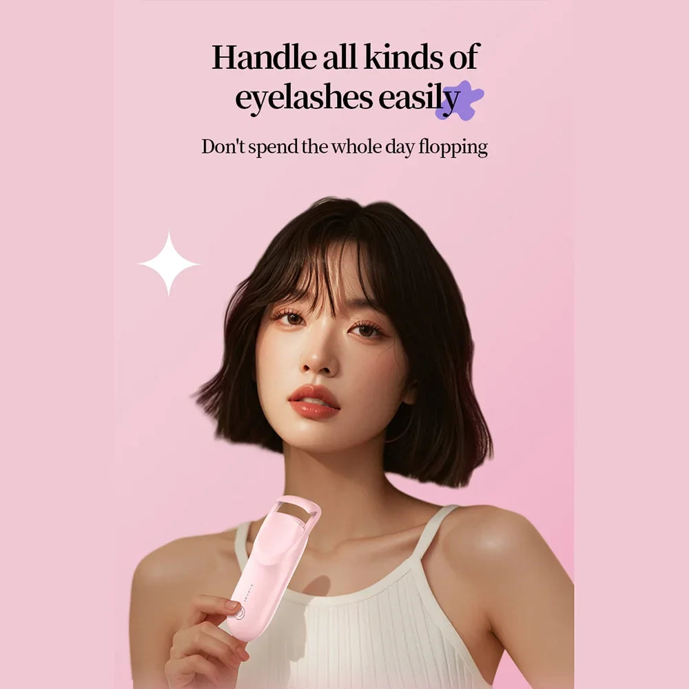 A woman holds a pink heated eyelash curler, demonstrating its use for natural lash definition.