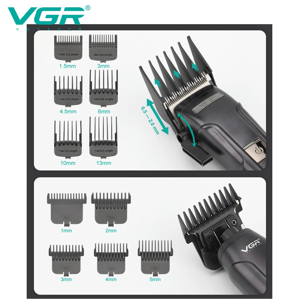 A set of VGR electric hair and beard trimmers showing various sizes of cutting combs.