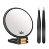 A black magnifying mirror with a 30x magnification lens and two accompanying folding handheld mirrors.