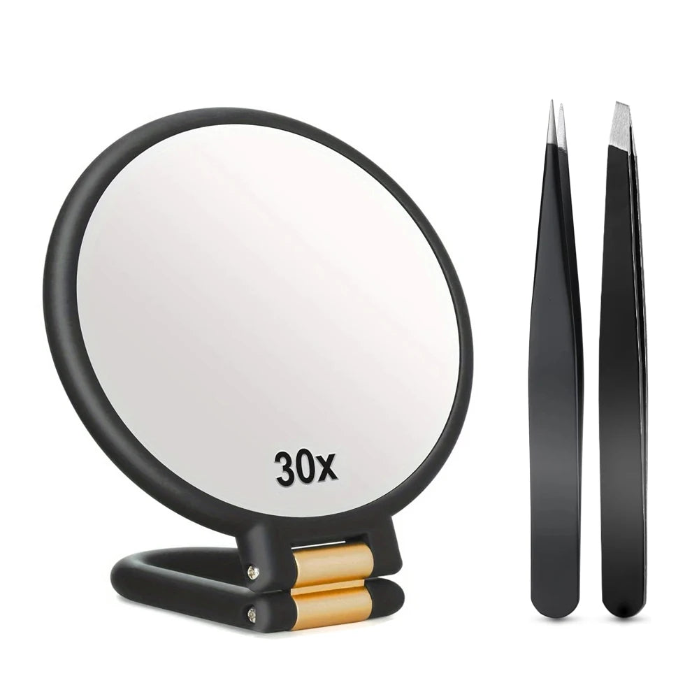A black magnifying mirror with a 30x magnification lens and two accompanying folding handheld mirrors.