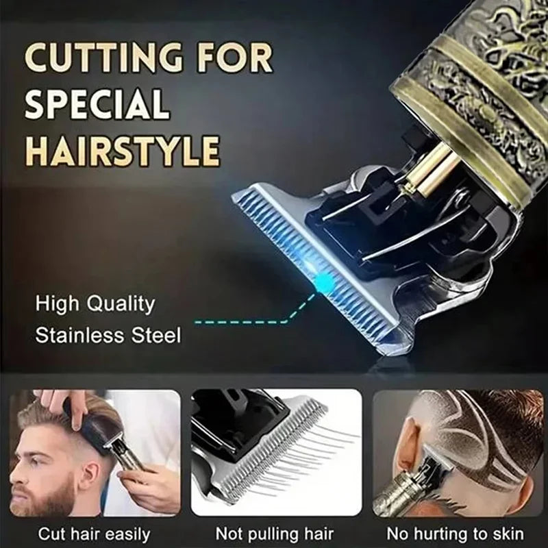 Close-up of a professional electric hair trimmer with stainless steel blades used for cutting special hairstyles.