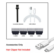 Accessories for a hair clipper including a cleaning brush and various size USB cables