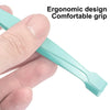 A hand holds a light blue stainless steel eyelash cluster tweezers with an ergonomic grip.