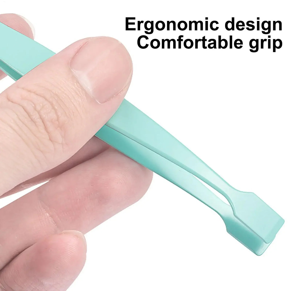A hand holds a light blue stainless steel eyelash cluster tweezers with an ergonomic grip.
