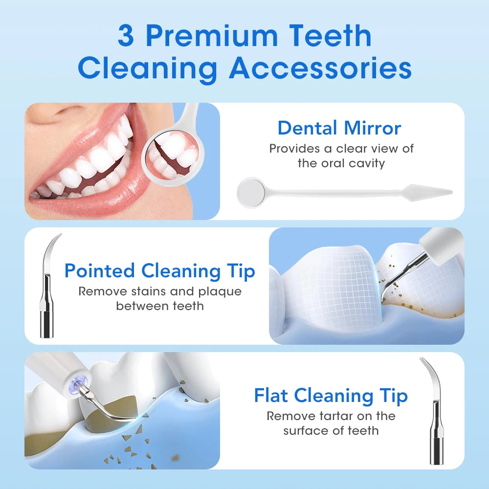 Three premium teeth cleaning accessories including a dental mirror, pointed cleaning tip, and flat cleaning tip.