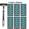 A set of 36 replaceable blades and one holder for a double blade shaver.