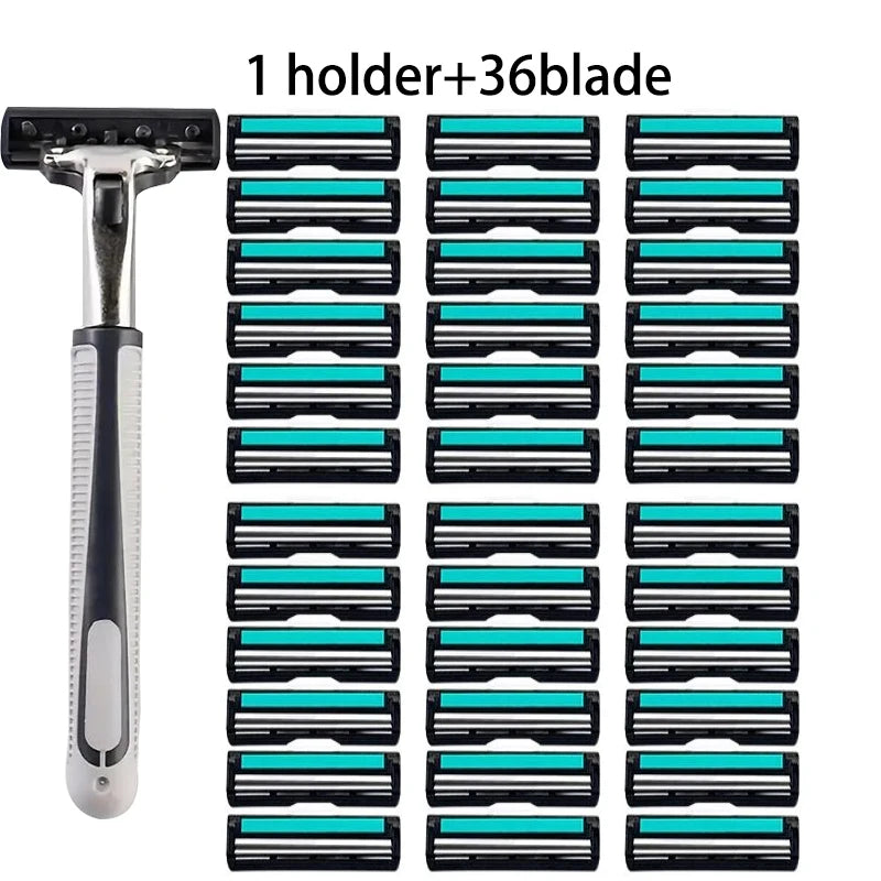 A set of 36 replaceable blades and one holder for a double blade shaver.