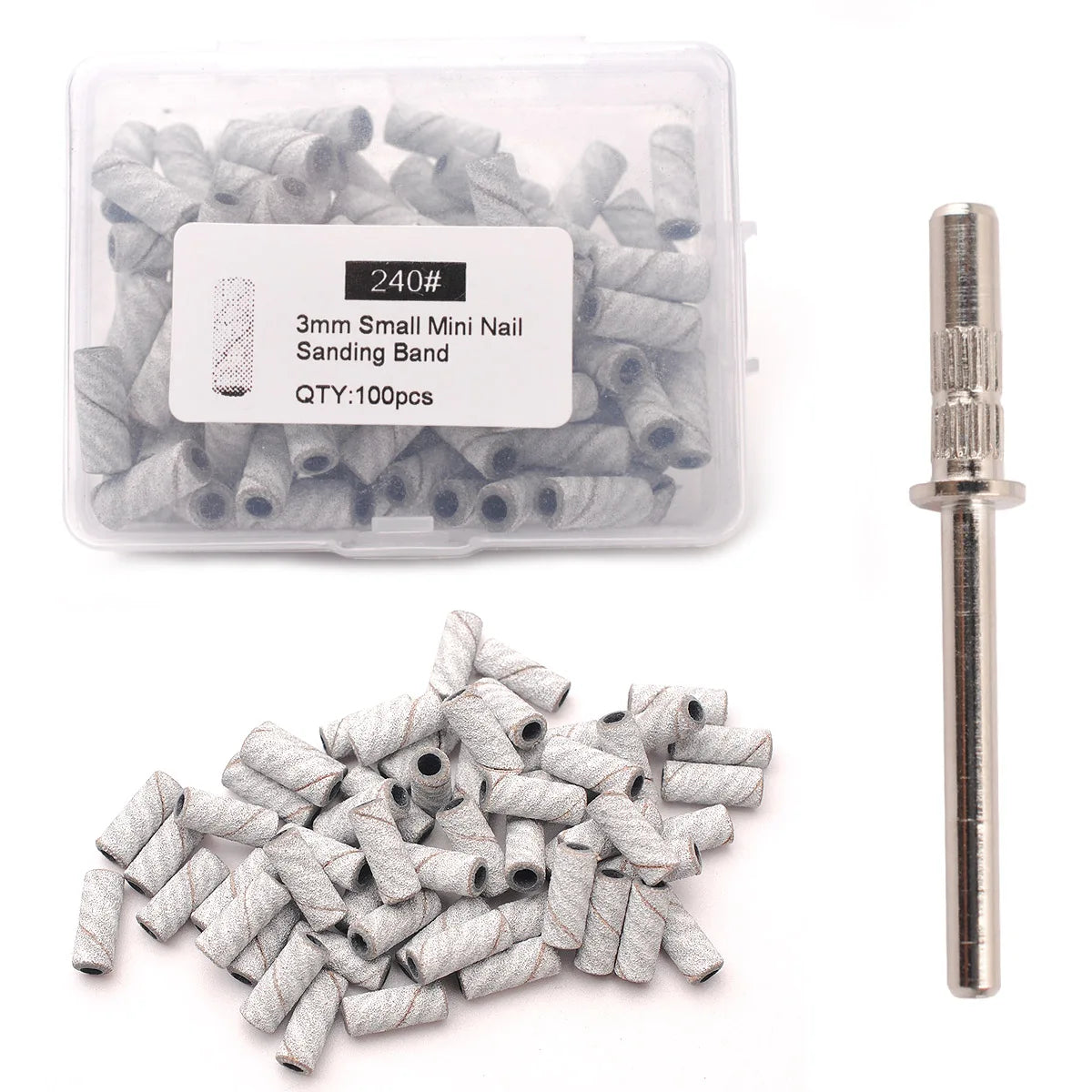 A clear plastic container holds 100 pieces of 3mm small mini nail sanding bands and a single metal nail drill.
