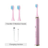A pink ultrasonic electric toothbrush set showing one handle and three medium replacement heads and a charging version.