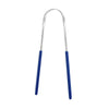 Raspador de lengua de acero inoxidable con mango azul para higiene oral.