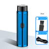 A blue portable electric shaver with a cleaning brush and USB charging line shown on a white surface.