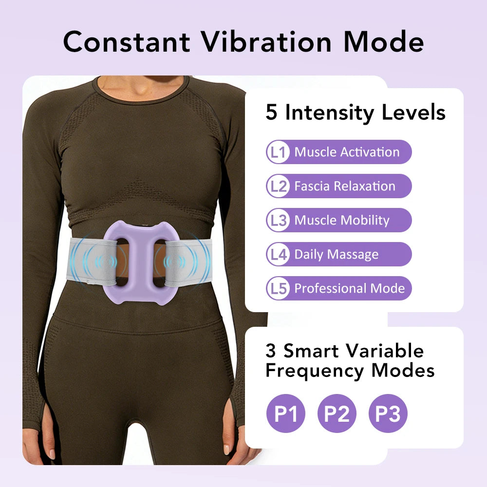 A woman wearing a brown body vibration massager on her torso, with text detailing 5 intensity levels and 3 frequency modes.