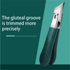 A close-up of a green nail clipper with a silver blade, highlighting the precise trimming of the gluteal groove.