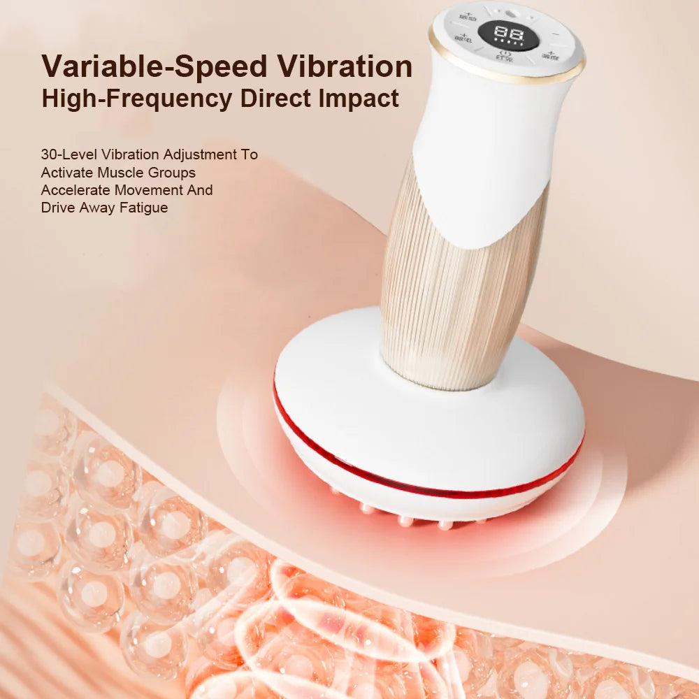 A white electric massage device with a textured head is shown above anatomical diagrams of muscle tissue.