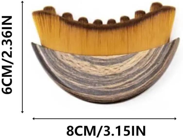 A wooden face brush with a golden-yellow bristles, measuring 8cm long and 6cm wide.
