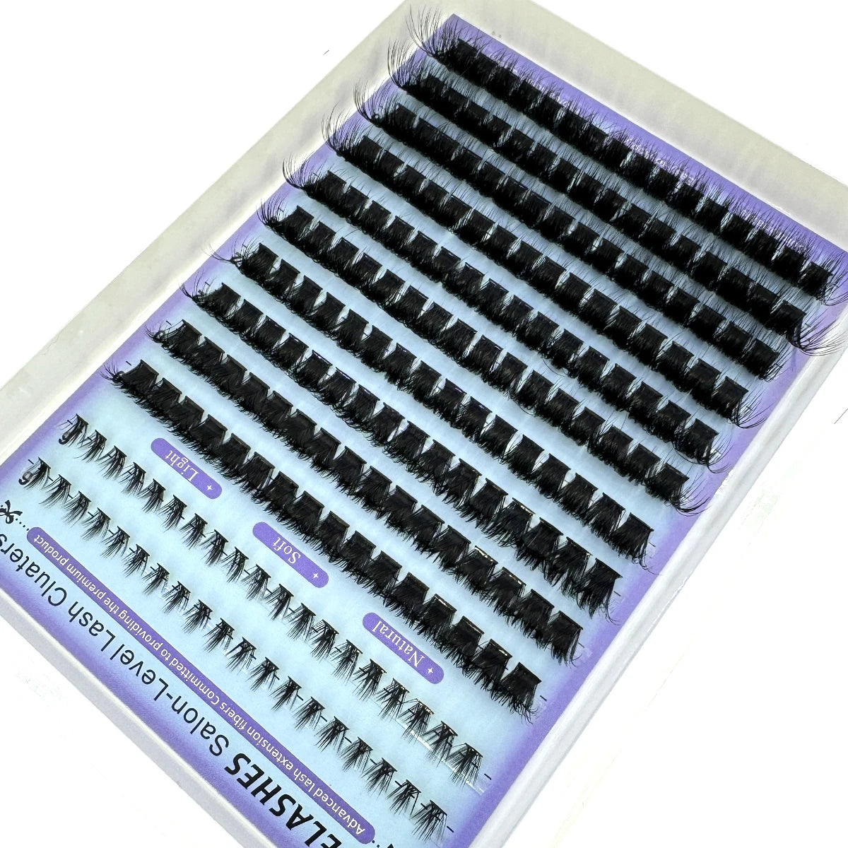Clusters de cils pointus DIY pour extensions de salon, présentés dans un contenant en plastique transparent