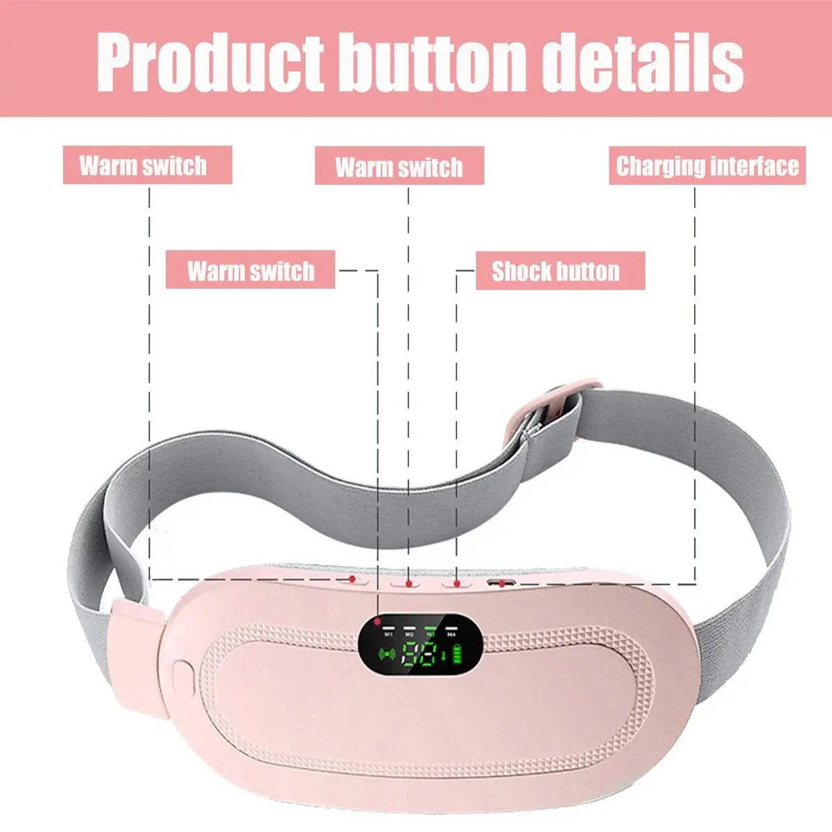A pink portable heated massage belt with various buttons and a strap is shown.