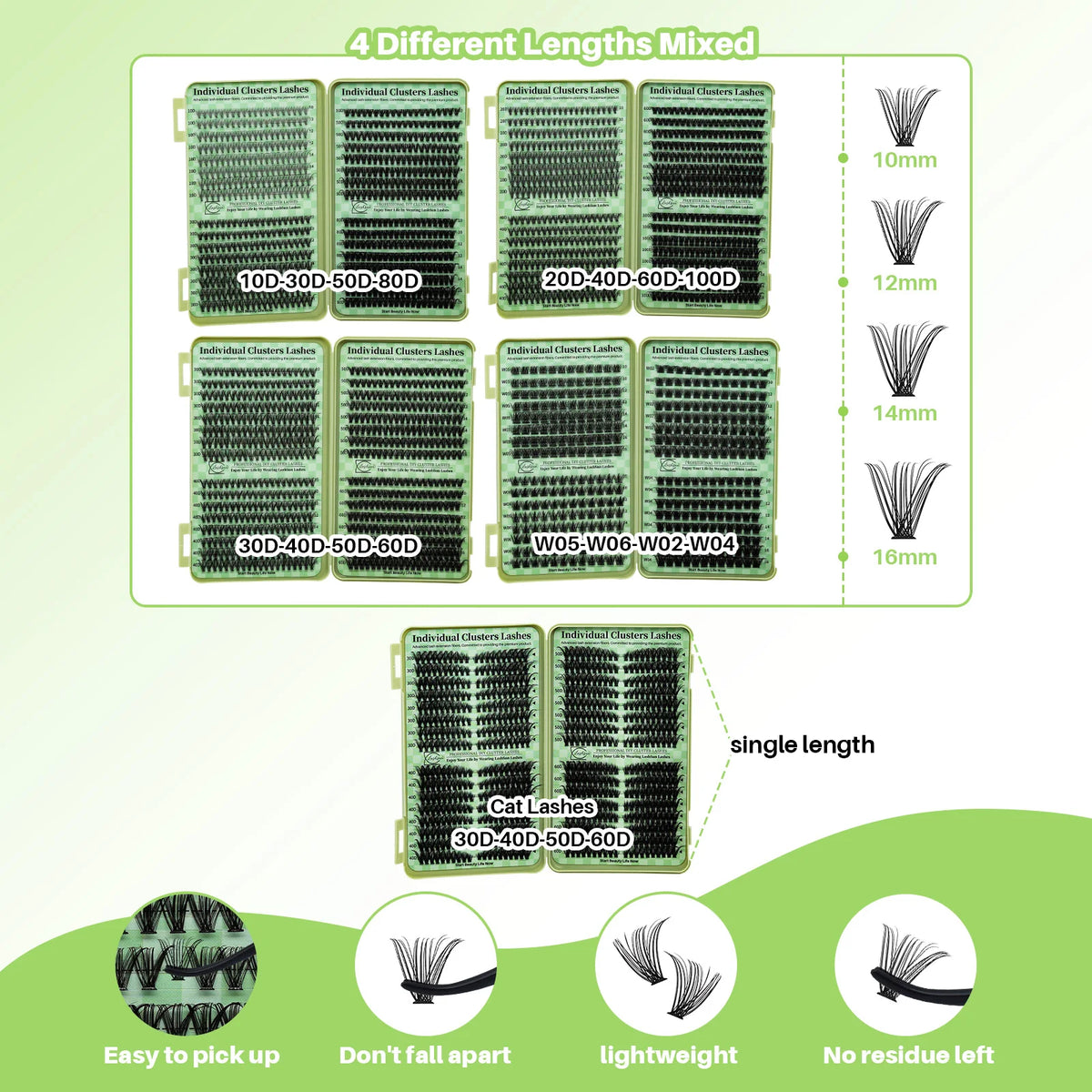 A display showing four different lengths of mixed lash clusters, ranging from 10mm to 16mm.