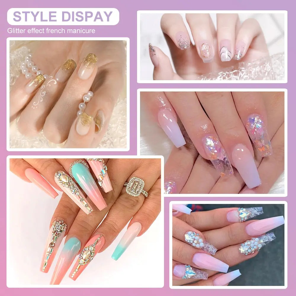 A display of various glitter effect french manicure nail designs on hands.