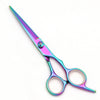 A pair of professional stainless steel hairdressing scissors with a purple iridescent finish.