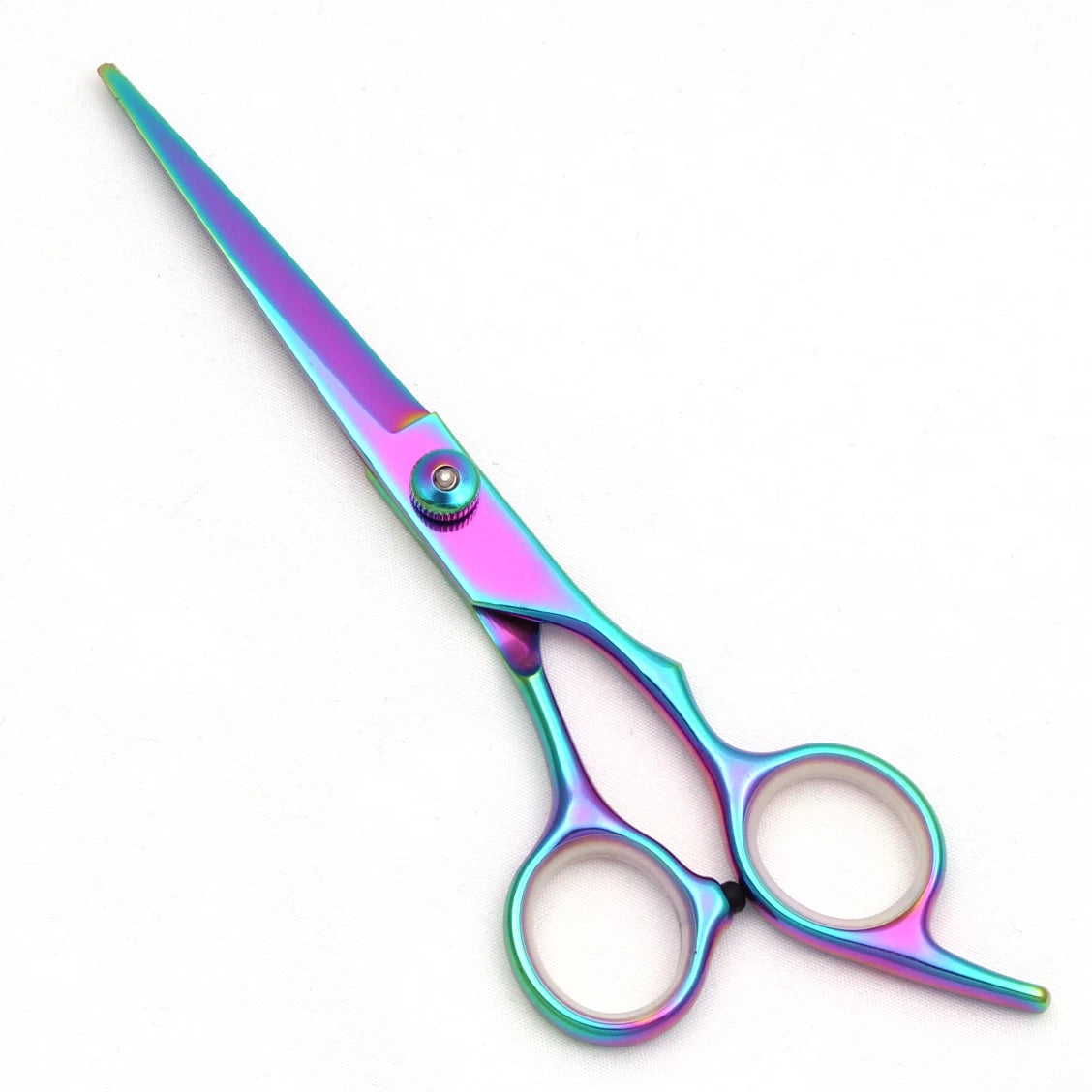 A pair of professional stainless steel hairdressing scissors with a purple iridescent finish.