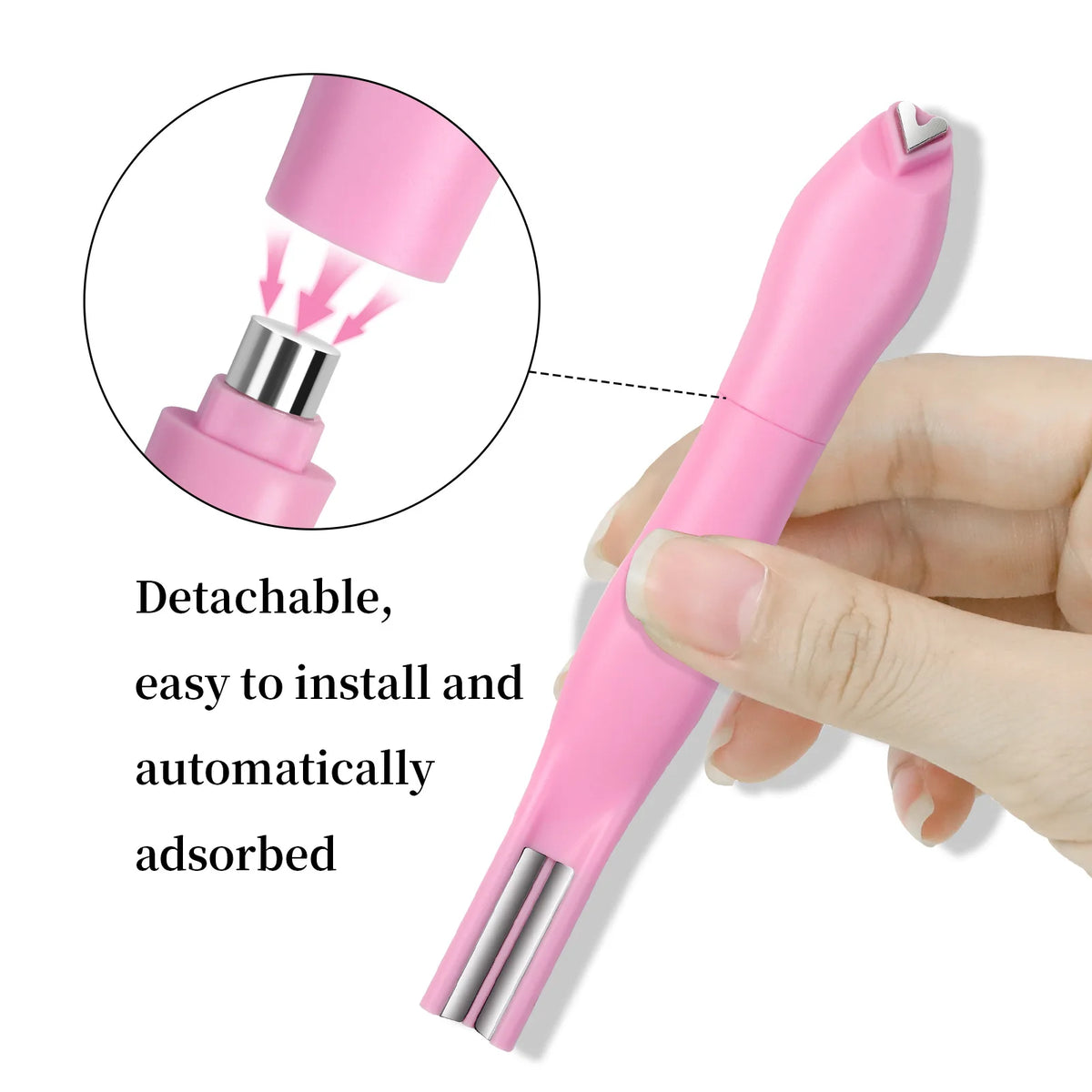 Un ensemble de aimants pour ongles roses détachables avec un applicateur pointu, tenu par une main.